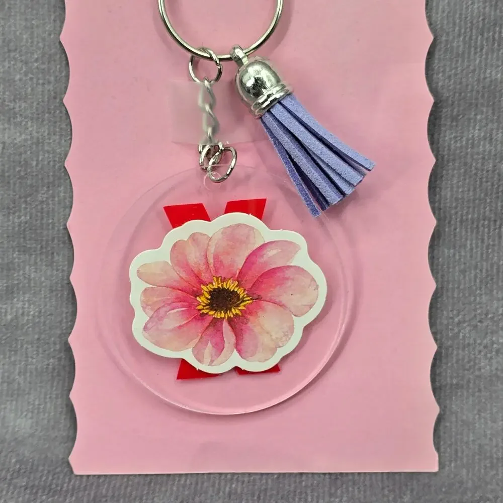Letter Keychain Clear Silver Circle Handmade Acrylic Tassel Flower X Purple‎