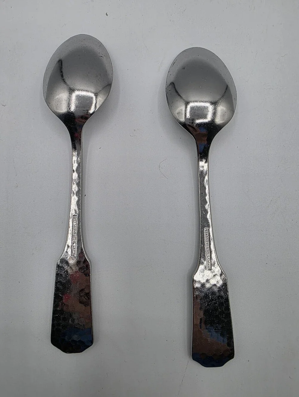 2 Stainless Steel Spoons Silverware Hammered Teaspoons Satin Made Japan Dessert