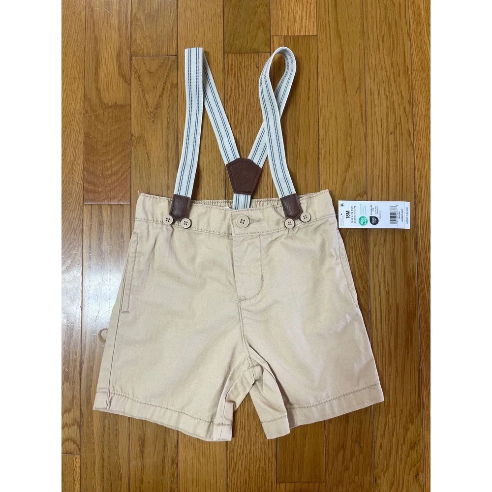 OshKosh Bgosh Baby Boys Khaki Chino Shorts with Striped Suspenders 18M NWT