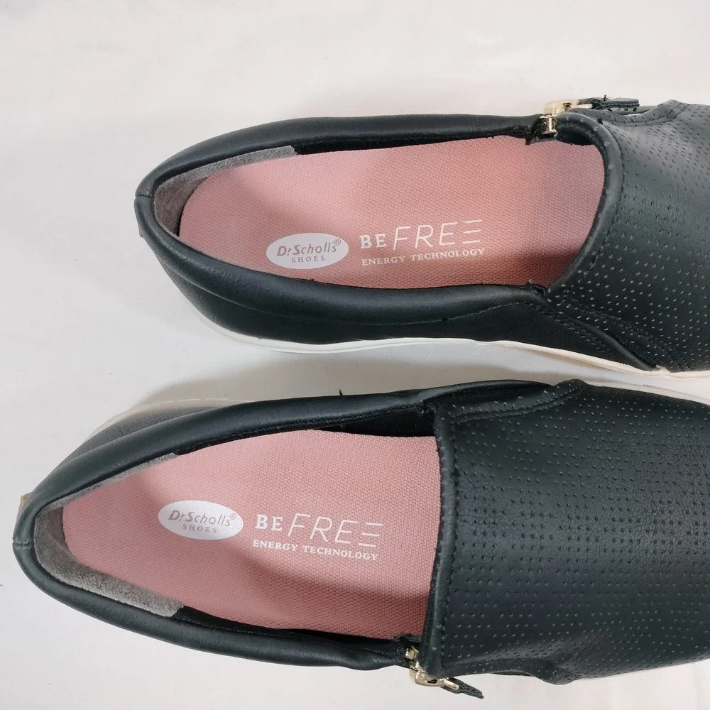 Dr. Scholls Black Slip On Sneakers; Perforated Faux Leather Gold Zip No Chill
