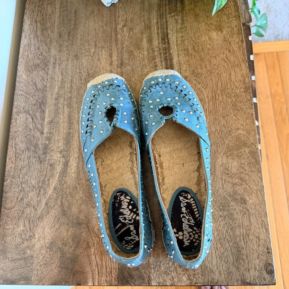 Sam Edelman Liam Espadrille Flats Womens 8 Blue Leather Studded Boho Slip On