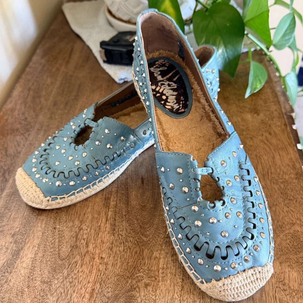 Sam Edelman Liam Espadrille Flats Womens 8 Blue Leather Studded Boho Slip On