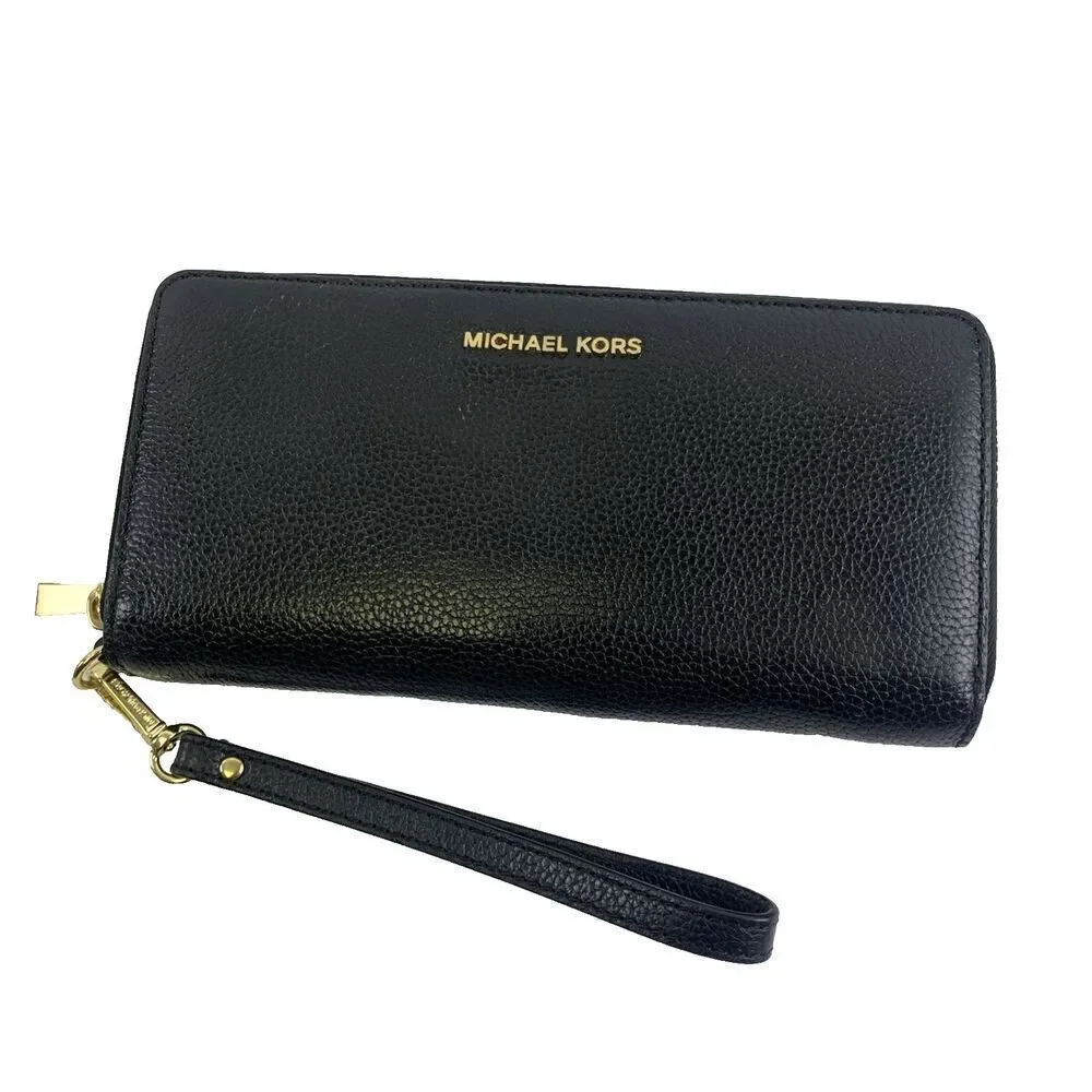 Michael Kors Leather Continental Wristlet Mercer Black Pebbled Wallet Zip Around