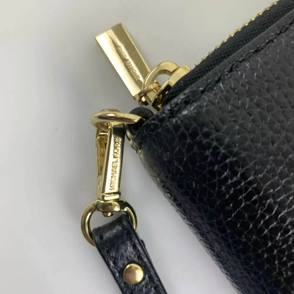 Michael Kors Leather Continental Wristlet Mercer Black Pebbled Wallet Zip Around