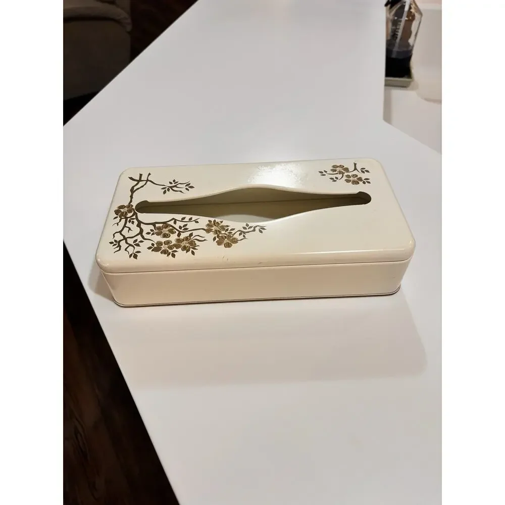 Vintage 70s Ransburg Metal Gold Floral Tissue Kleenex Box Dispenser Wall Mount