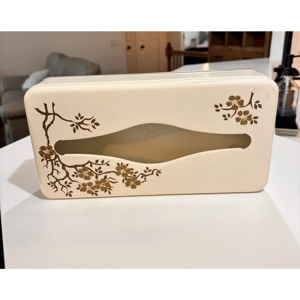Vintage 70s Ransburg Metal Gold Floral Tissue Kleenex Box Dispenser Wall Mount