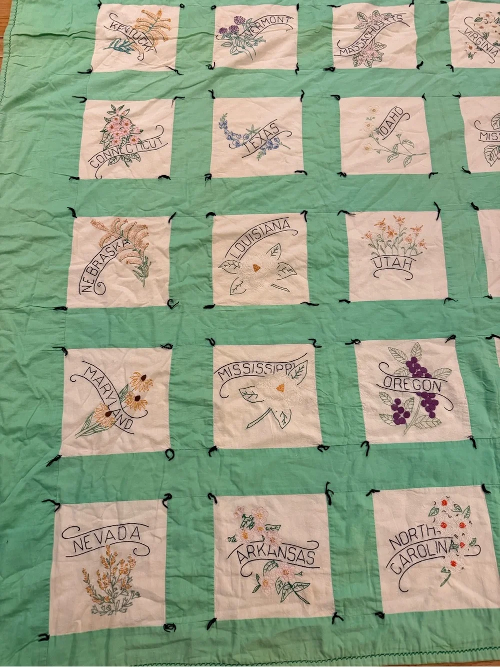 Vintage Embroidered 50 State Flower Patchwork Quilt Mint + Cream cottage country