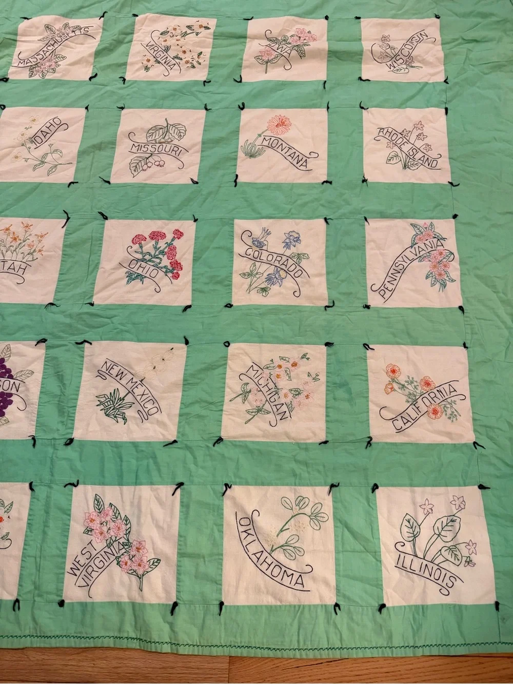 Vintage Embroidered 50 State Flower Patchwork Quilt Mint + Cream cottage country