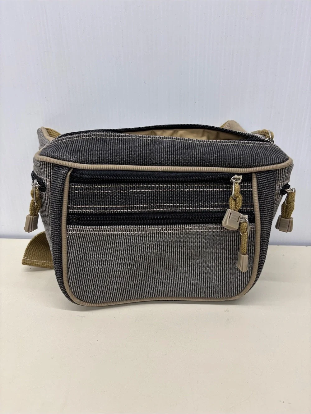 Unbranded Gray and Tan Canvas Messenger Bag with Multiple Zip Pockets