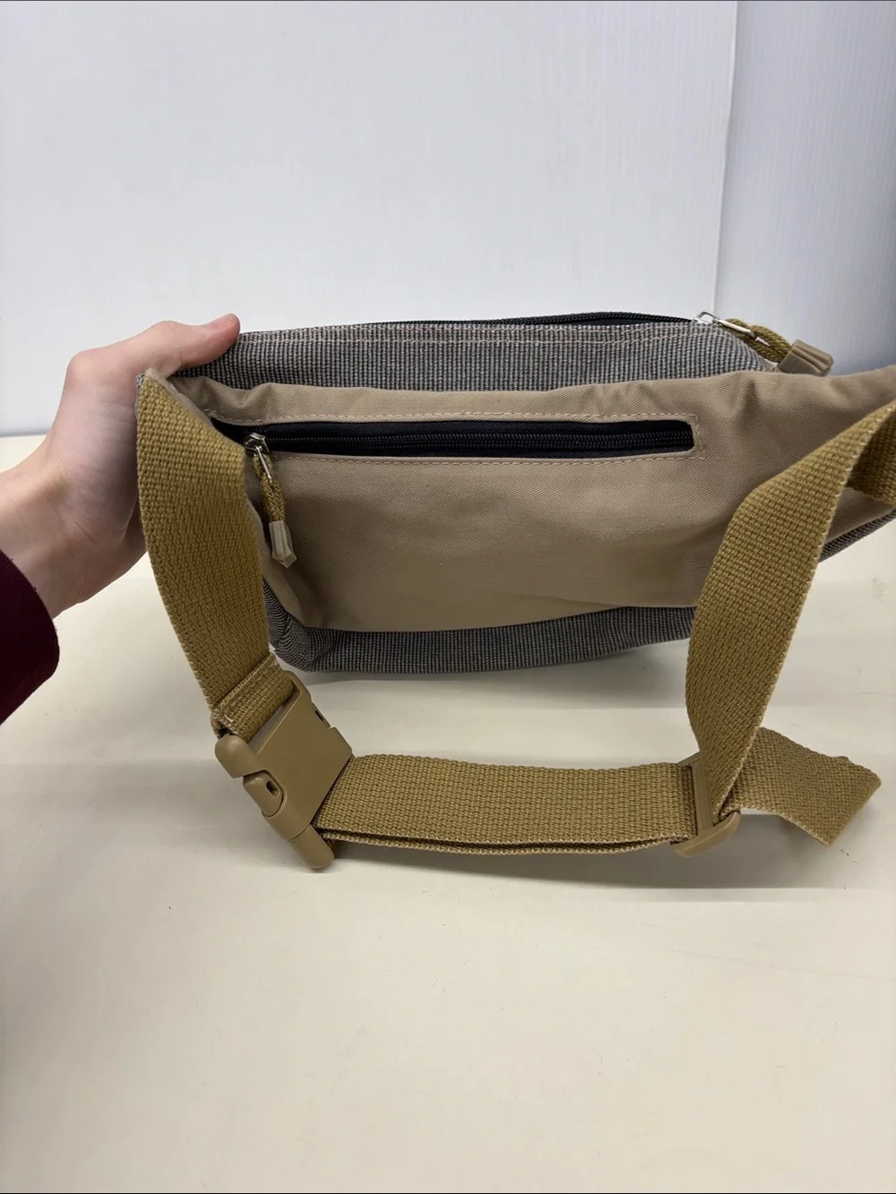 Unbranded Gray and Tan Canvas Messenger Bag with Multiple Zip Pockets