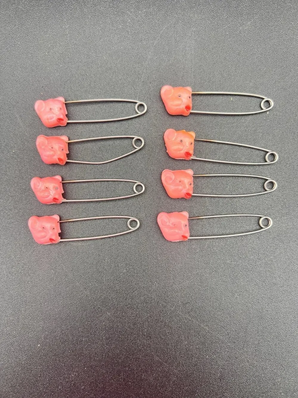 Vintage Plastic 8pc Pig Face Safety Pin Baby Diaper Pin Toy Accessory 1950s