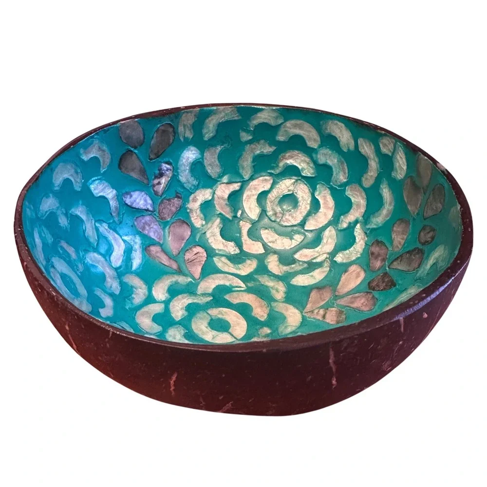 Coconut Shell Trinket Bowl‎ 5.5in Teal Excellent Mother of Pearl