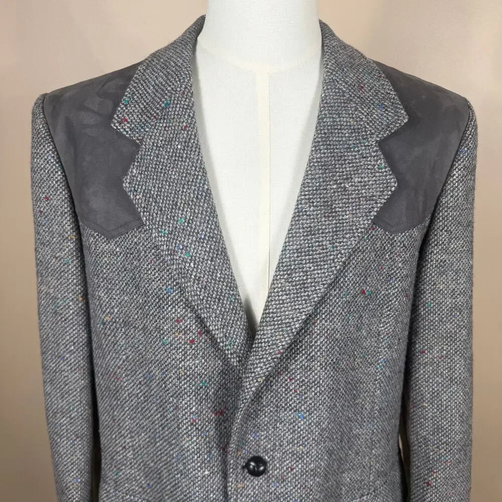 Pendleton Mens Virgin Wool Blazer Western Sport Coat Gray Suede Patches Sz 44L