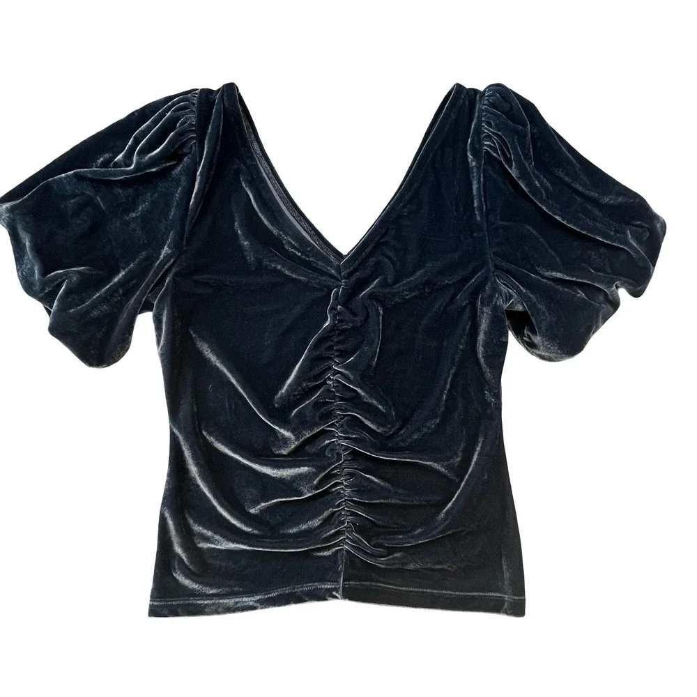 Free People Women Velvet Top Teal Ruched Flutter Sleeve Boho Romantic Large