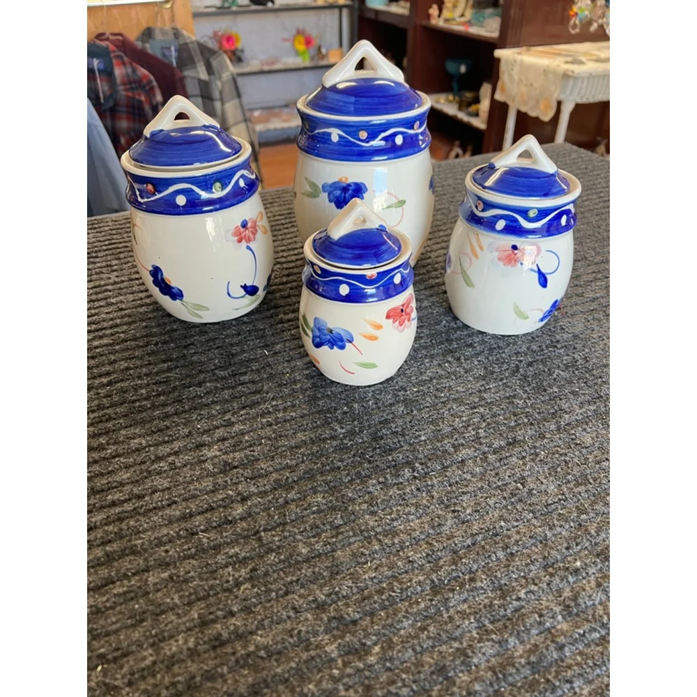 Tabletops Gallery Floral Dots Hand Painted 4 Pc Canister Set Ceramic GUC