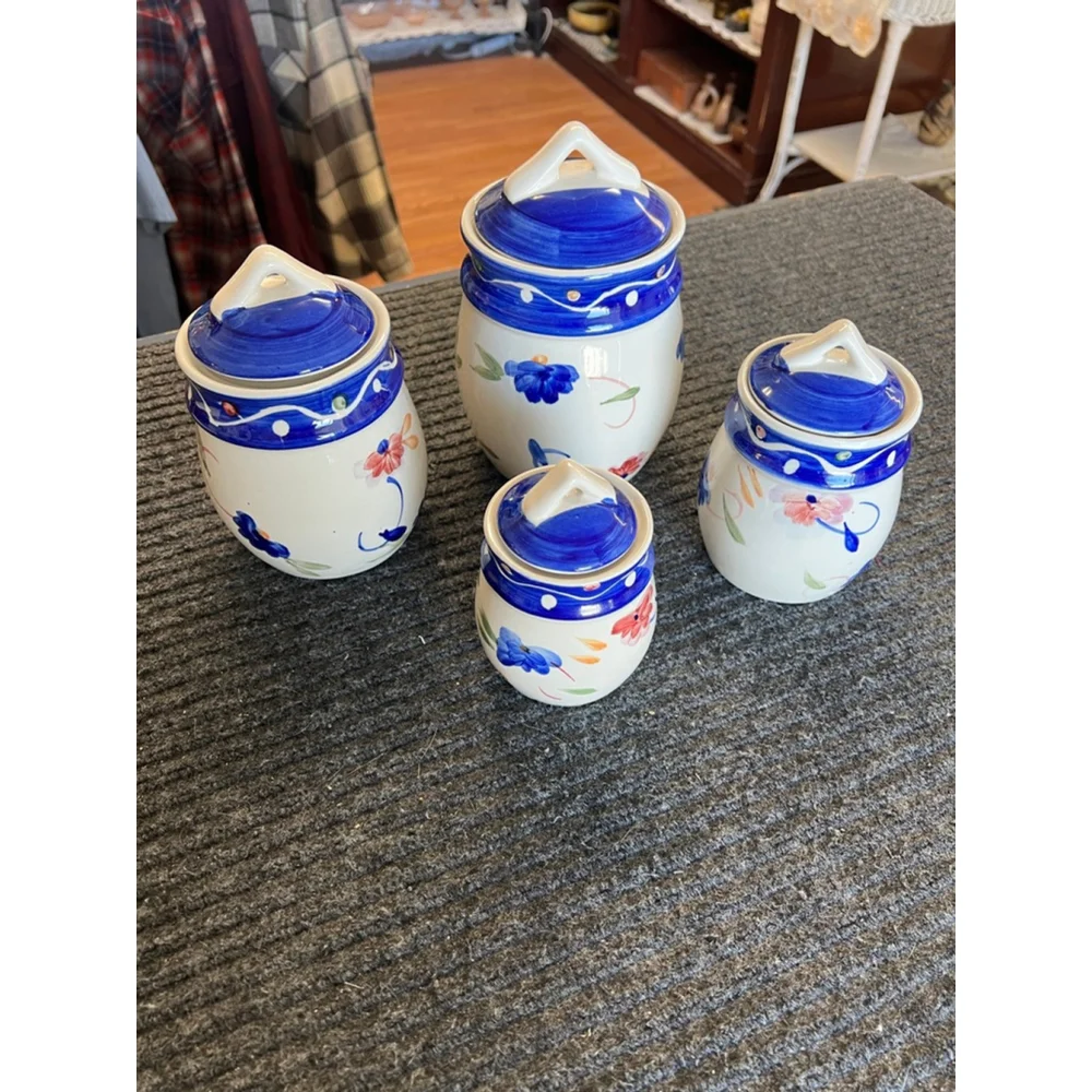 Tabletops Gallery Floral Dots Hand Painted 4 Pc Canister Set Ceramic GUC