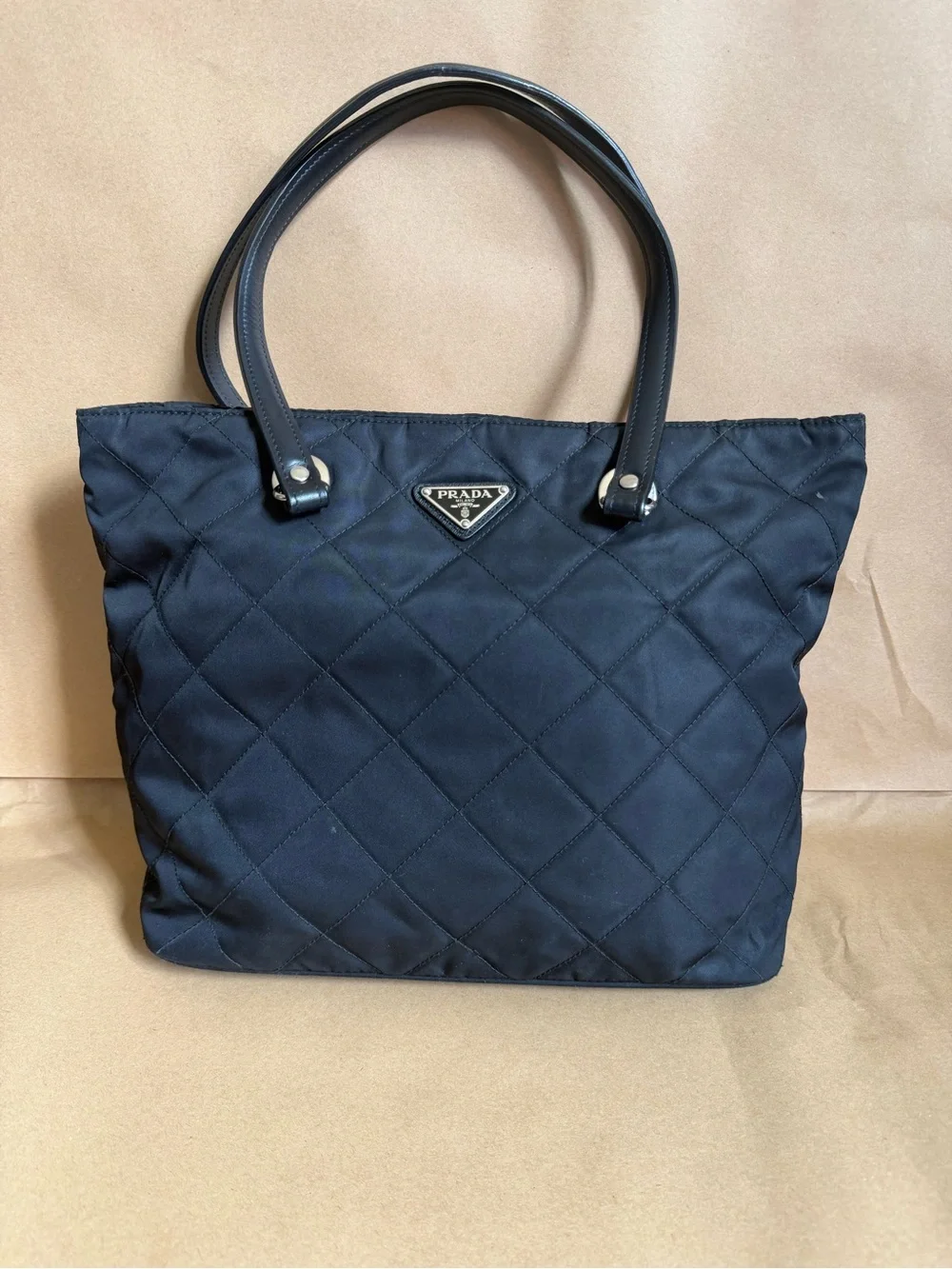 Prada Black Quilted Nylon Tote with Leather Handles