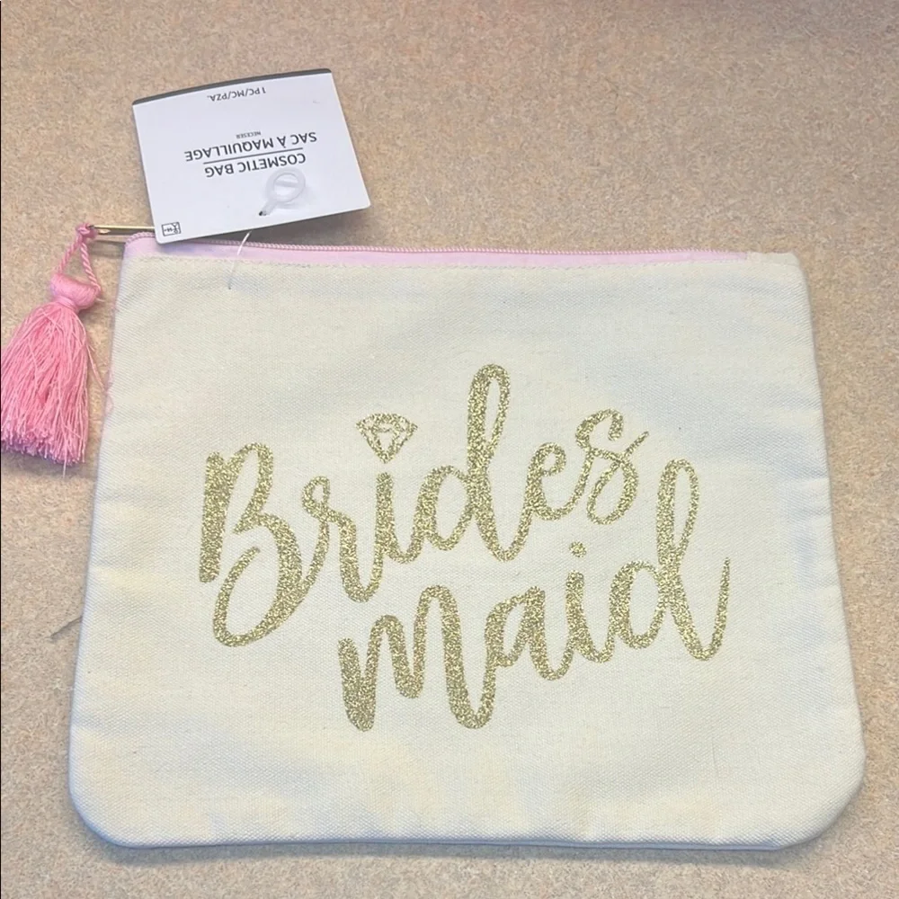 Cosmetic Bag, pink zipper & tassel, Cream bag, Gold Glitter “Brides Maid” NWT