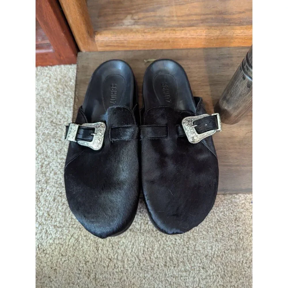 NWOB SCHUTZ Grace Leather Mule Clogs Sz 9.5B Black Silver Buckle Slide On Shoes