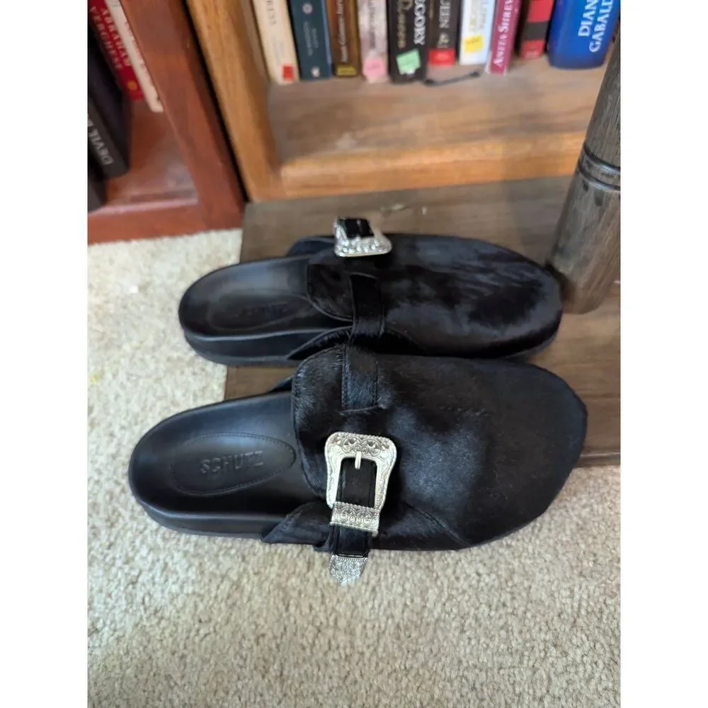NWOB SCHUTZ Grace Leather Mule Clogs Sz 9.5B Black Silver Buckle Slide On Shoes