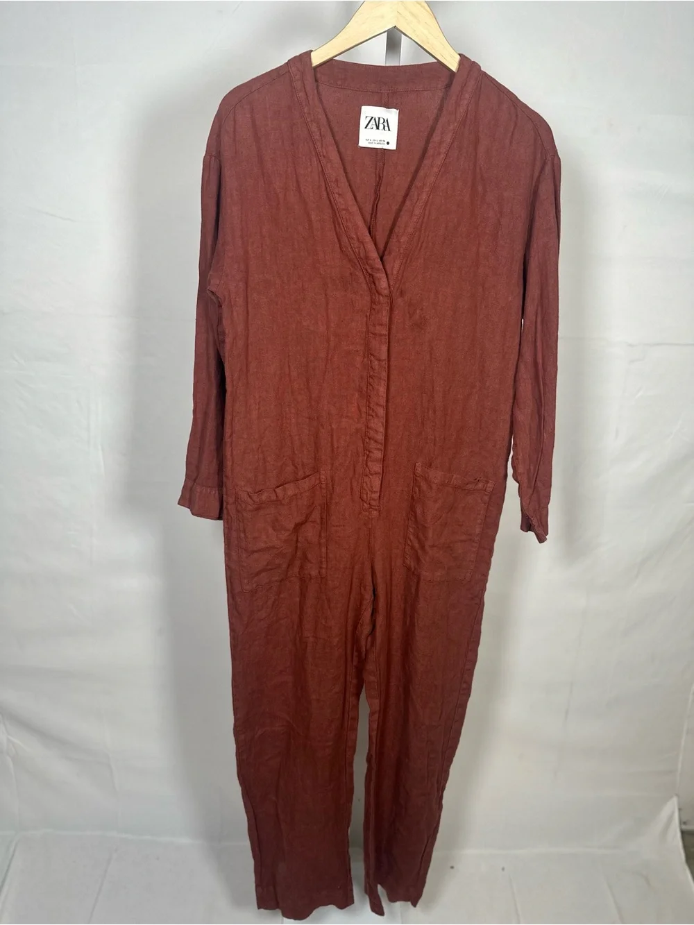 Zara Rust-Red Linen Jumpsuit with Front Pockets