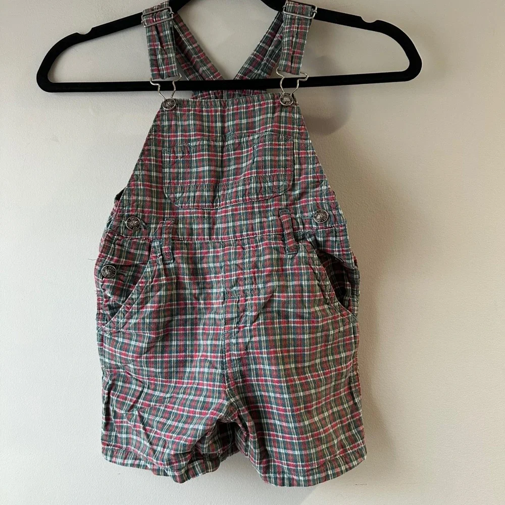 The Childrens Place Plaid Shortall‎ Overalls Kids 3T Red Green Good Vintage 90s