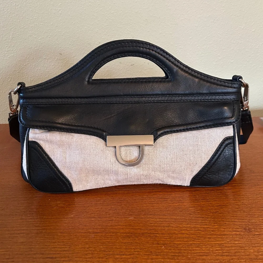 Foley & Corinna Handbag Clutch Beige Canvas Black‎ Leather Shoulder Strap Purse