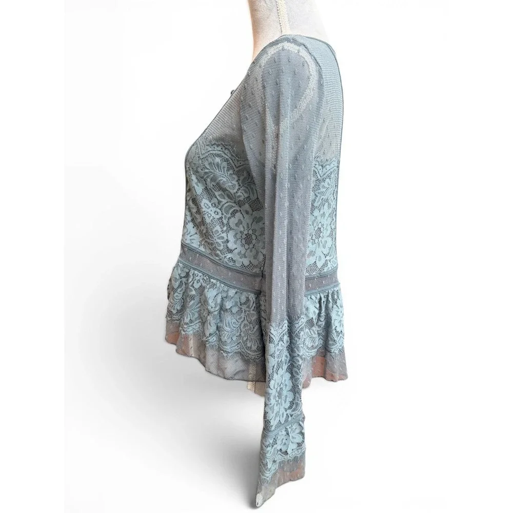 Free People Blouse Womens Small Blue Sheer Lace Peplum Mesh Boho Victorian