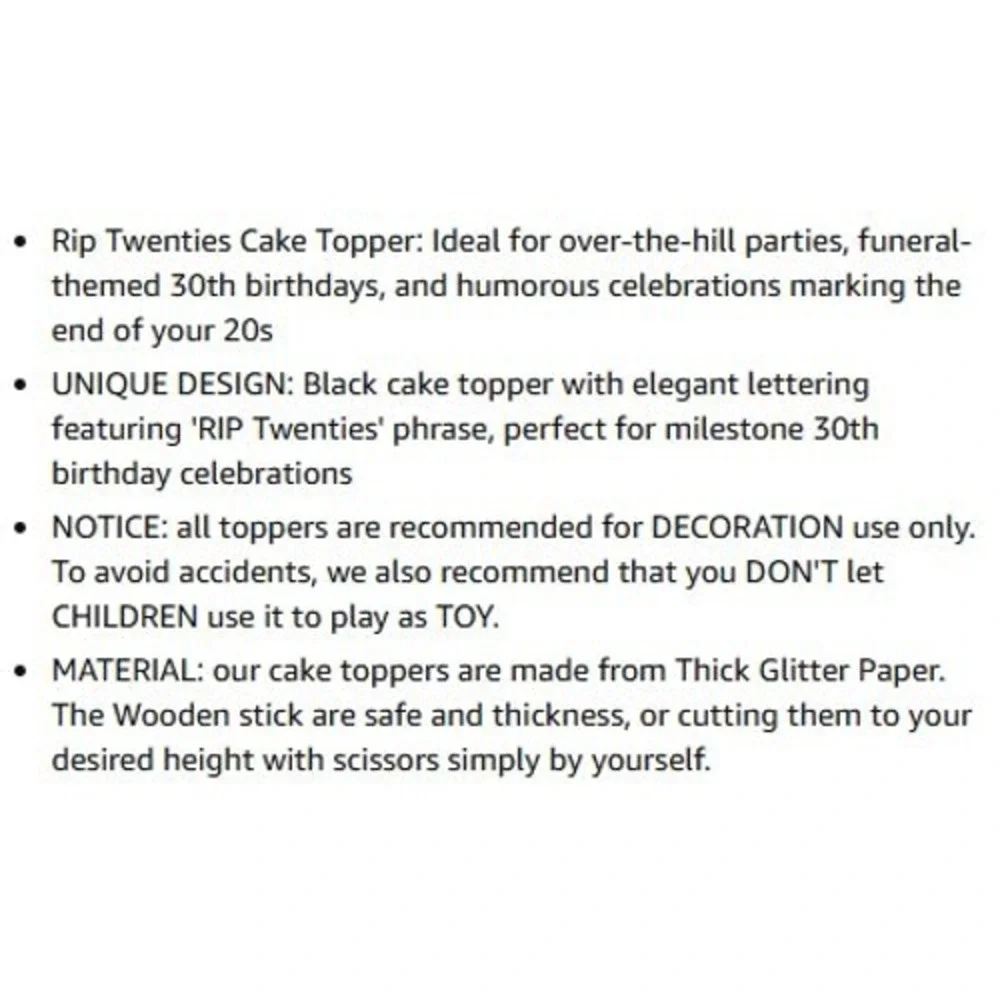 Hilarious Rip Twenties Cake Topper Black Glitter 30th‎ Birthday Party Funeral