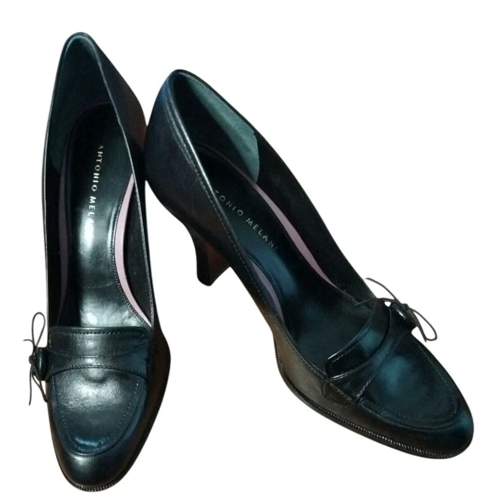 Antonio Melani Black Leather Loafer 3in Heels‎ Size 8.5M Tie Detail Officecore