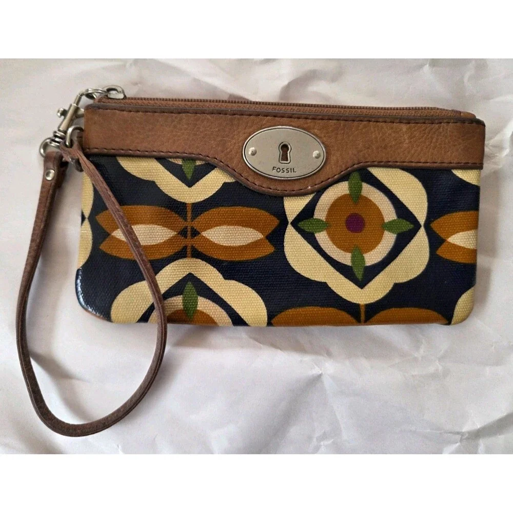 Fossil Key-Per Flower Floral Coated Canvas Leather Wristlet Wallet Y2K 90's 80's