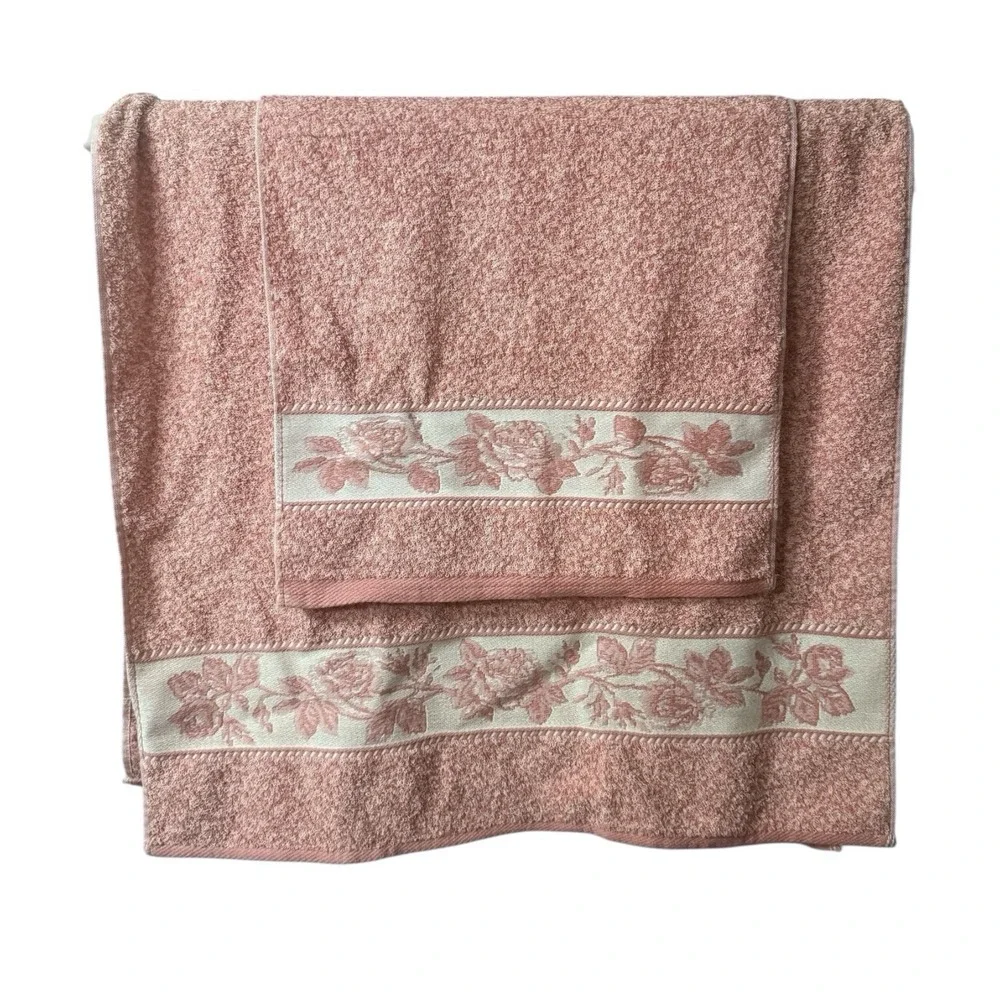 Vintage Celebrity By Santens 100% Cotton Embroidered  Floral Pink Towel Set 80's