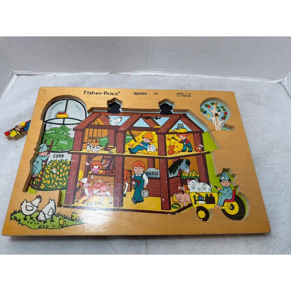Vintage Fisher-Price Barn 501 Wooden Peg Puzzle Kids Red 13 Piece Farm