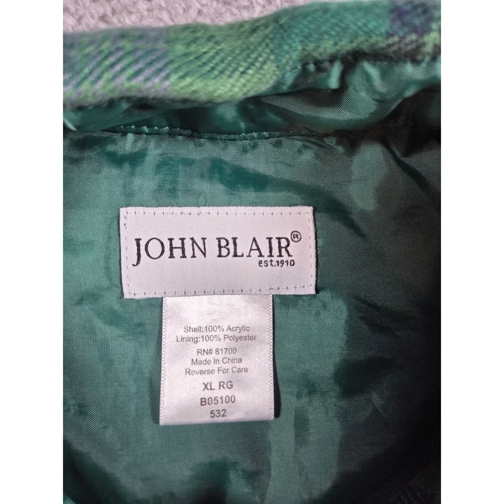 John Blair Flannel Shirt Jacket XL Green Plaid‎ Mens Quilted Lined B05100