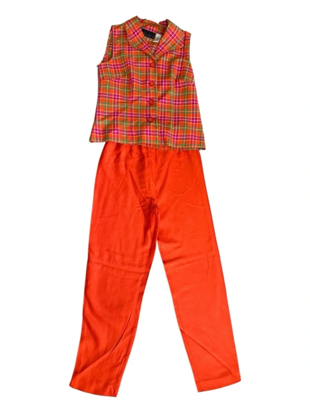 Sag Harbor Orange Plaid Matching Set Sleeveless Too & High-Waisted Pants Preppy