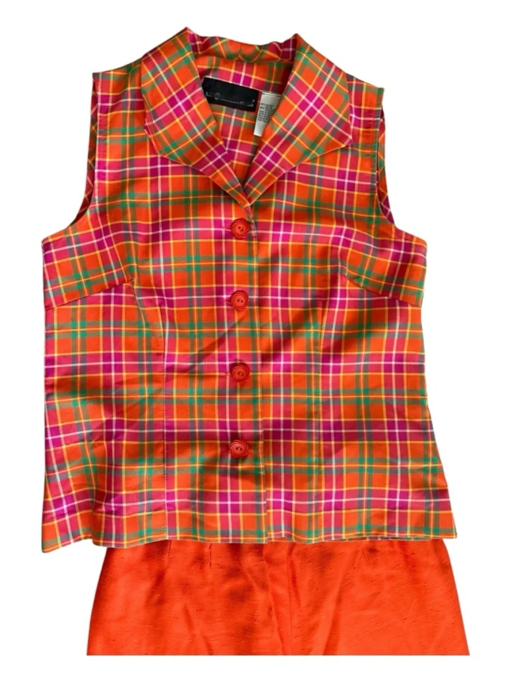 Sag Harbor Orange Plaid Matching Set Sleeveless Too & High-Waisted Pants Preppy