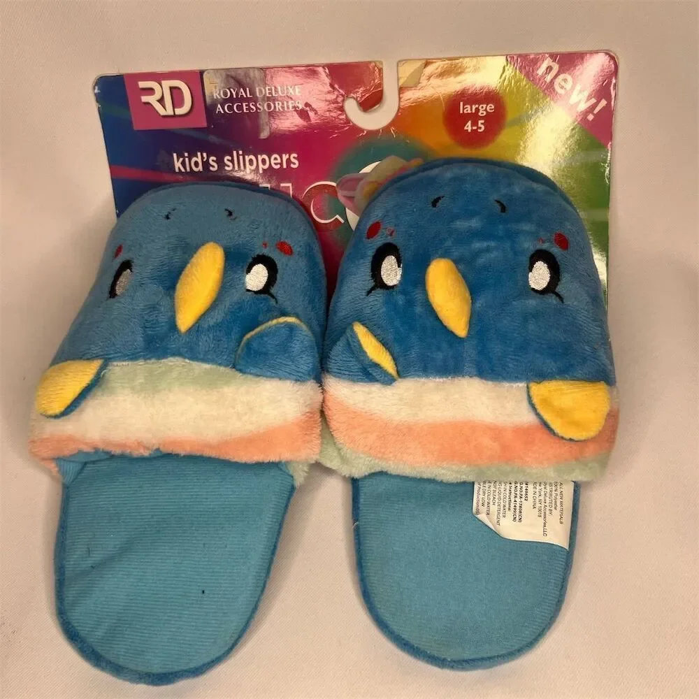 Kids Blue Penguin Slippers Size 4-5 Plush Slip-On Non-Slip Soles
