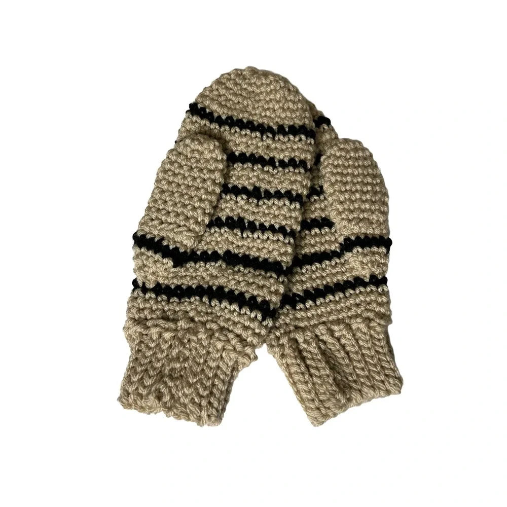 NWOT Handmade Crochet Striped Mittens Beige Black Chunky Knit One Size‎