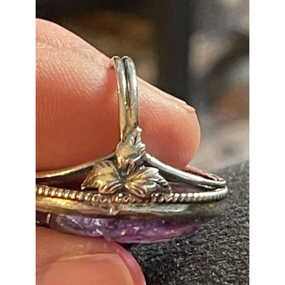 Vintage Hand Carved Amethyst Art Nouveau Silver Flower Ring Sterling 4.5