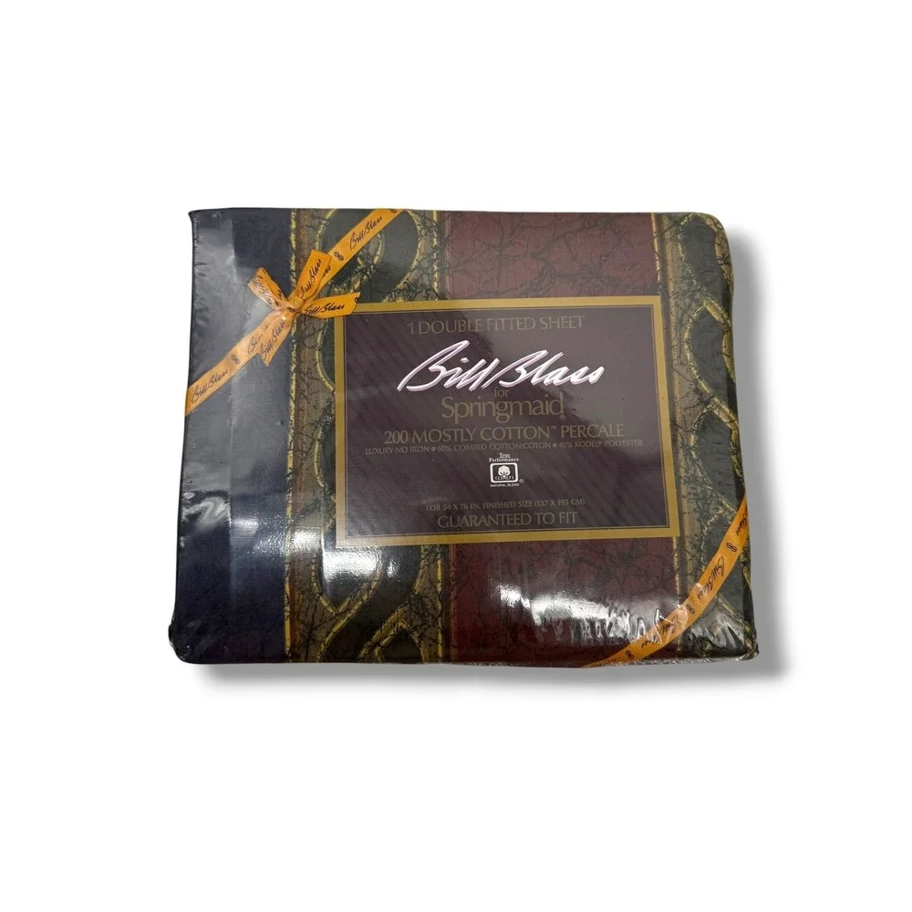 Bill Blass Springmaid Full Fitted Sheet Burgundy Blue Geometric Percale Vintage