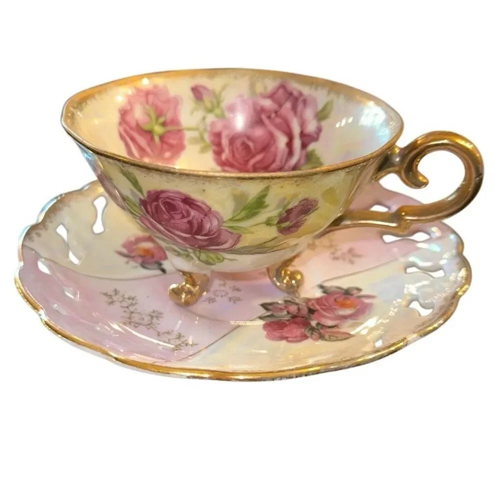 Vintage Shafford Iridescent Japan footed Teacup and Saucer Set laced Lusterware