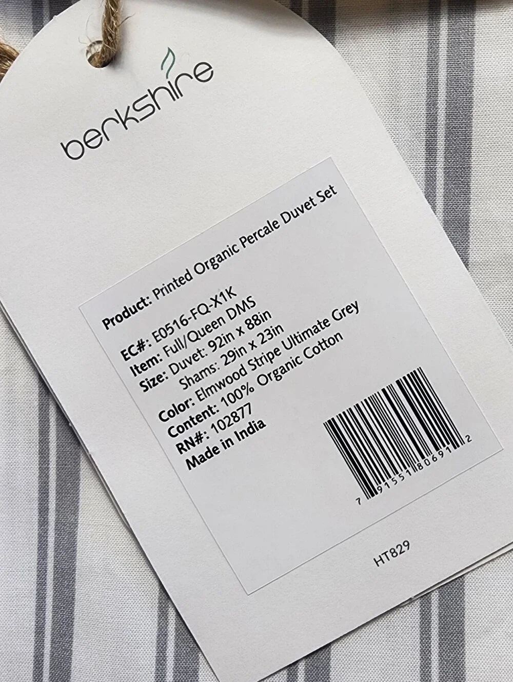 NEW! Berkshire 100% Organic Percale Cotton Duvet Set Full/Queen - Grey Stripes