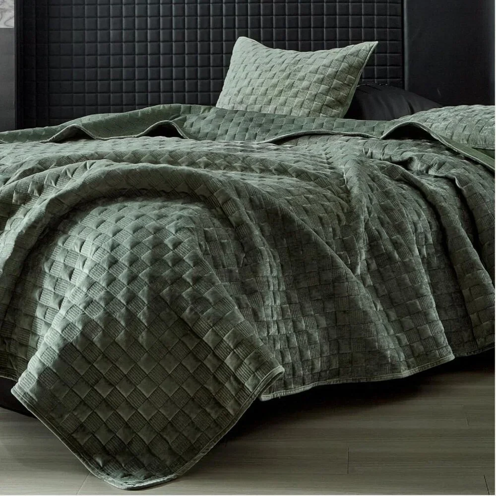 Velvet Quilt Set Green Textured Basketweave Coverlet Luxury Sage Olive Quiet Lux