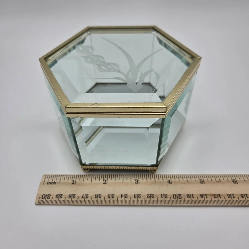 Vintage Hexagonal Floral Etched Glass Mirrored Jewelry Trinket Box