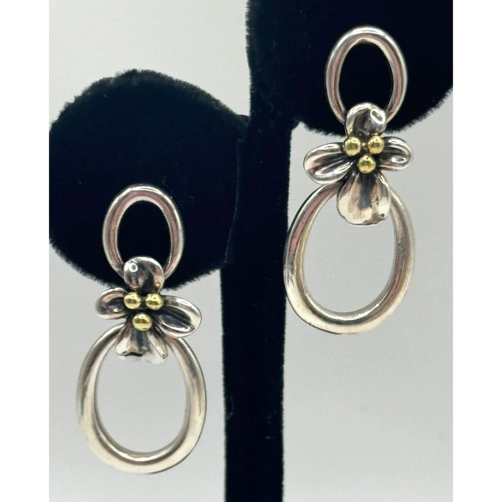 Ann King Sterling Silver 18K Accent Flower Floral Dangle Earrings
