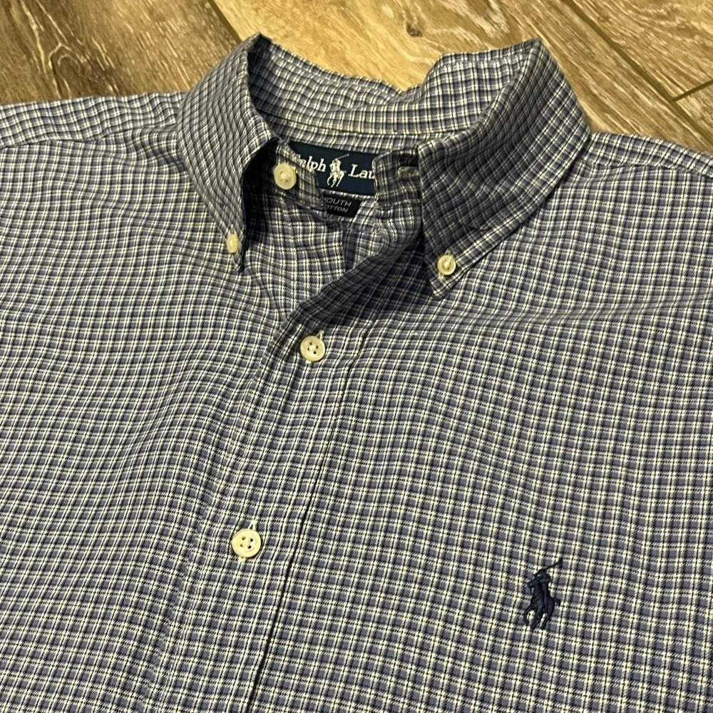 Blue plaid long sleeved Polo shirt