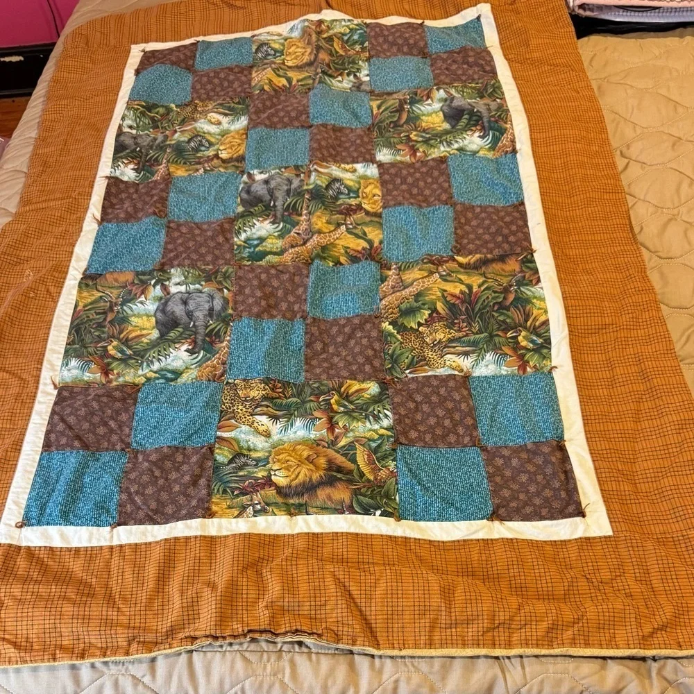 Jungle Printed Brown Handmade Reversible Quilt Elephants Leopards Lions 52 x 37