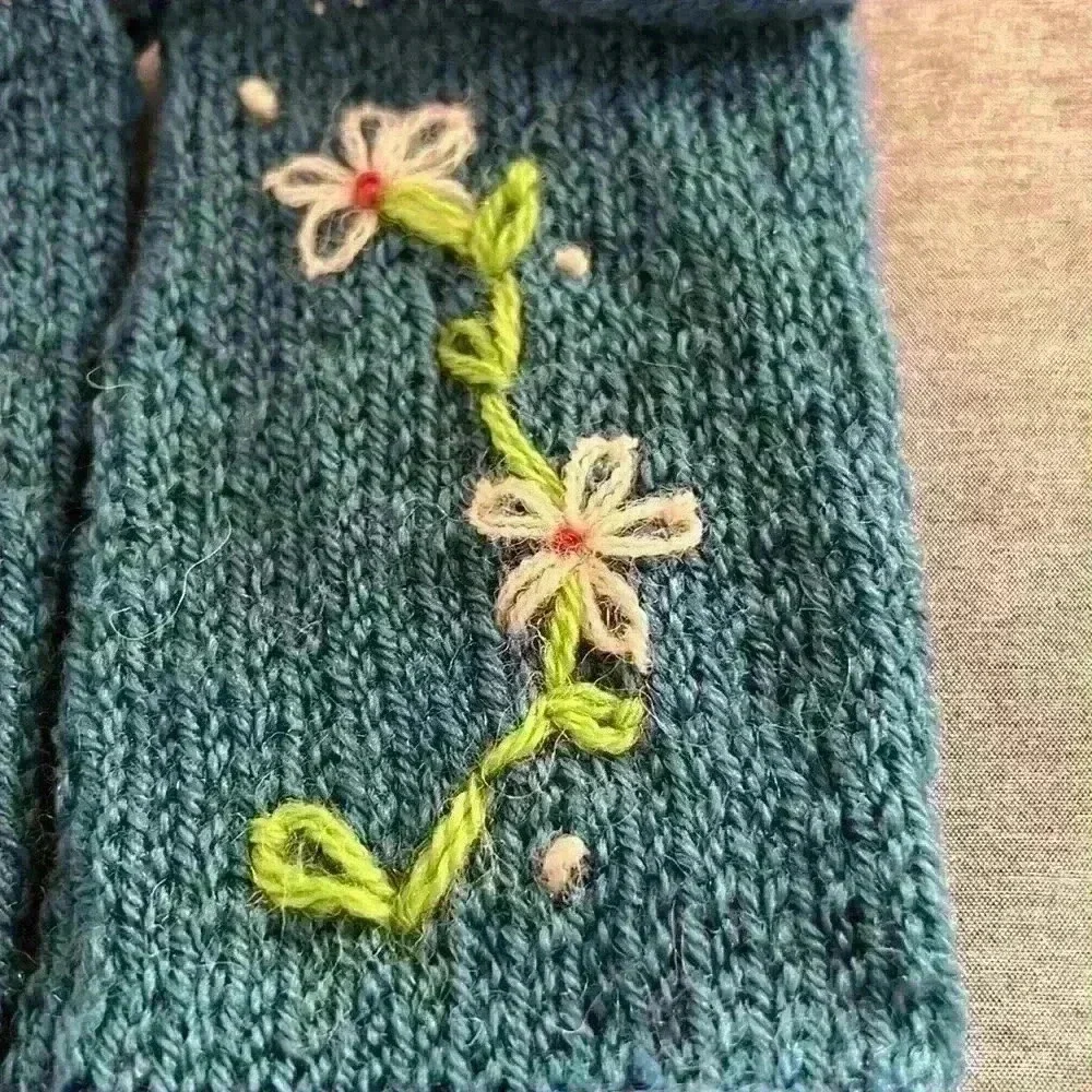Fingerless Gloves wrist warmers  teal with flowers HandCrafted OSFM