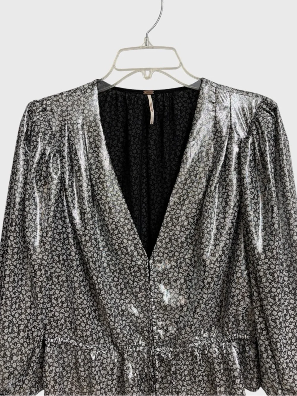 Free People Small Talk That Talk Metallic Silver Floral Top Blouse Size S Disco