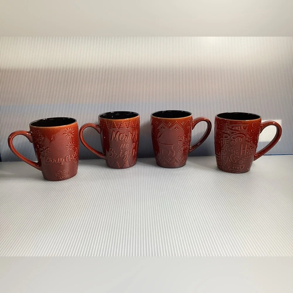 Set of 4 Pfaltzgraff Red Christmas Ceramic Mugs
